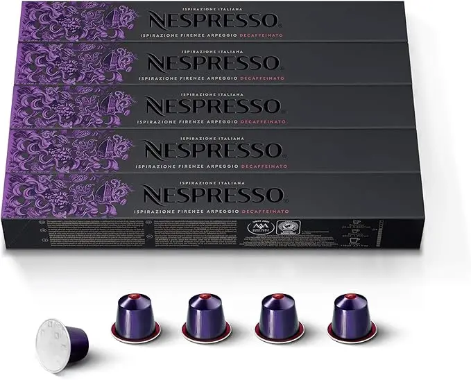Pack de 50 cápsulas Nespresso Arpeggio Decaffeinato. Disfruta de un café descafeinado intenso y cremoso, con notas de cacao y un cuerpo denso. Intensidad 9.