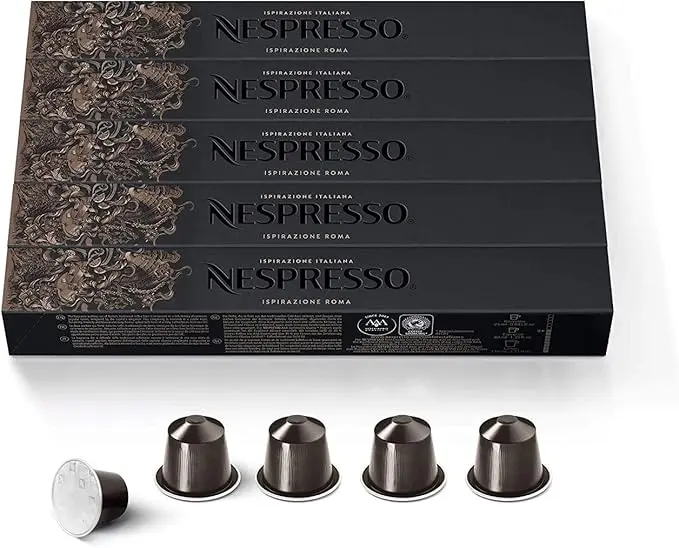 Pack de 50 cápsulas Nespresso Ispirazione Roma Intenso. Café de tueste medio e intensidad 8/13 con notas amaderadas y a tostado. Para cafeteras Nespresso Original Line. Edición Limitada.