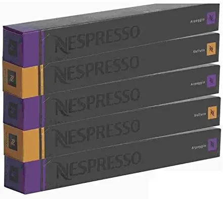 Pack de 50 Cápsulas Nespresso Originales Surtidas, una selección prémium con 30 cápsulas del intenso Arpeggio y 20 cápsulas del suave y equilibrado Volluto.