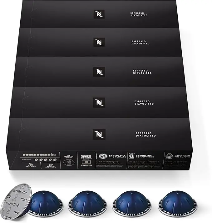 Pack de 50 Cápsulas Nespresso Vertuo Diavolitto. Un café espresso (40 ml) de tueste oscuro e intensidad 11, solo compatible con el sistema de cafeteras Nespresso Vertuo.