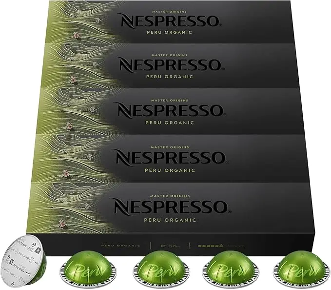 Pack de 50 cápsulas Nespresso Vertuo Peru Organic. Café Espresso (40ml) ecológico de intensidad 6, con un perfil afrutado y notas de cereal tostado.