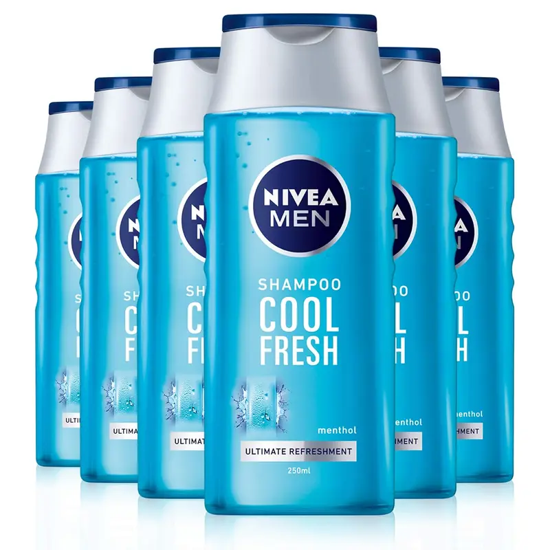Pack de 6 Champús NIVEA MEN Cool Fresh (6x250ml). Un champú de uso diario con mentol para una limpieza eficaz y una sensación de frescor duradero en cabello y cuero cabelludo.