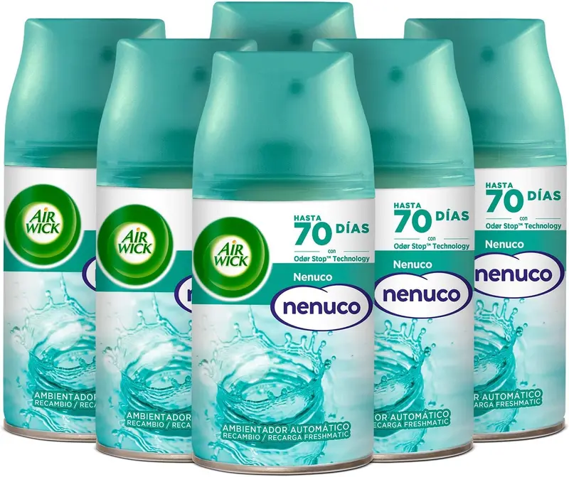 Pack de 6 Recambios Air Wick Freshmatic Aroma Nenuco (6x250ml). Ambientador automático con tecnología Odor Stop para neutralizar olores y perfumar hasta 70 días.