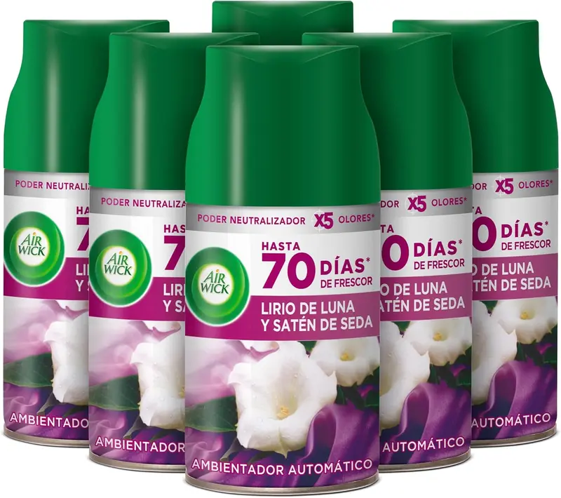 Pack de 6 Recambios Air Wick Freshmatic con aroma Lirio de Luna y Satén de Seda. Un total de 1500ml para perfumar tu hogar de forma continua hasta 70 días.