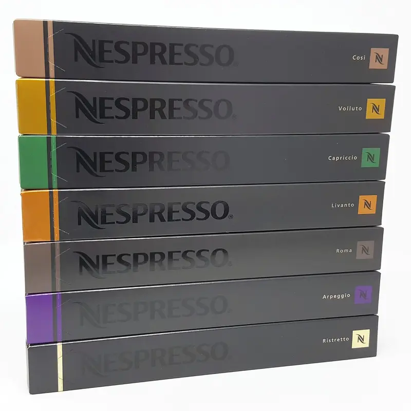 Pack de iniciación Nespresso con 70 cápsulas de 7 variedades de espresso. Descubre los clásicos Ristretto, Arpeggio, Roma, Livanto, Capriccio, Volluto y Cosi.