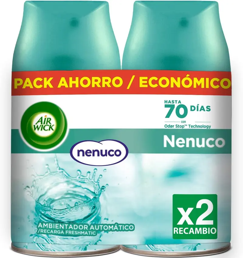 Pack Duplo de Recambios Air Wick Freshmatic con fragancia Nenuco. Contiene 2 recambios de 250ml (total 500ml) para disfrutar de hasta 140 días de frescor.