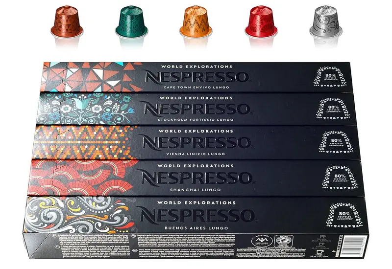 Pack Exclusivo Nespresso World Explorations con 50 Cápsulas de Café Lungo. Surtido con las variedades Envivo, Fortissio, Linizio, Shanghai y Buenos Aires.