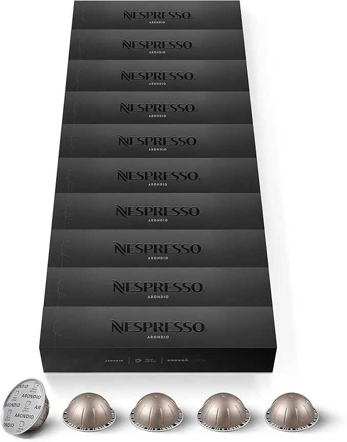 Pack Familiar 100 cápsulas Nespresso Vertuo Arondio. Café suave (Int. 6) para Gran Lungo (150 ml), equilibrado y con un delicioso perfil de sabor a cereal.