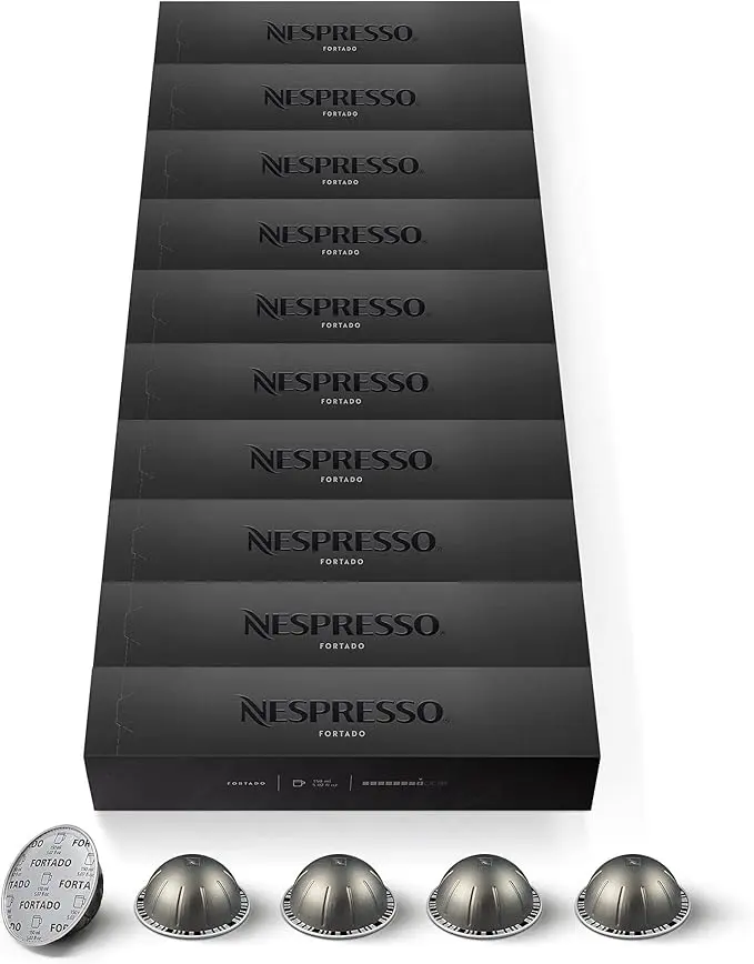 Pack Familiar 100 cápsulas Nespresso Vertuo Fortado. Café Gran Lungo (150ml) de intensidad 8, ideal para los amantes del café con cuerpo y notas a cacao.
