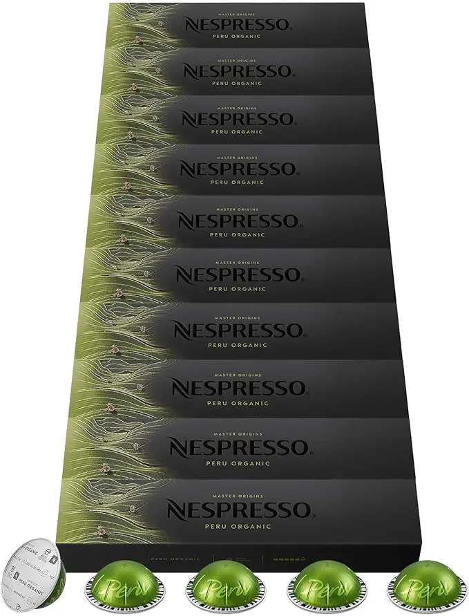 Pack Familiar 100 cápsulas Nespresso Vertuo Peru Organic. Café Espresso (40ml) ecológico de intensidad 6, con un elegante sabor afrutado y notas de cereal.