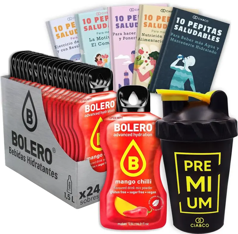 Pack premium de 24 sobres de Bebida Bolero sabor Mango Picante sin azúcar. Incluye 50 Pepitas Saludables y una botella mezcladora shaker de 500 ml para una experiencia completa.