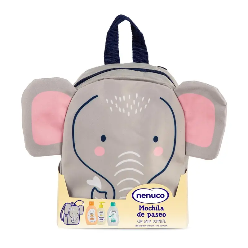 Pack Regalo Bebé Nenuco Mochila de Paseo Elefante. Un set de higiene completo que incluye Colonia, Jabón Líquido y Champú Extra Suave (3x200ml) en una adorable mochila.