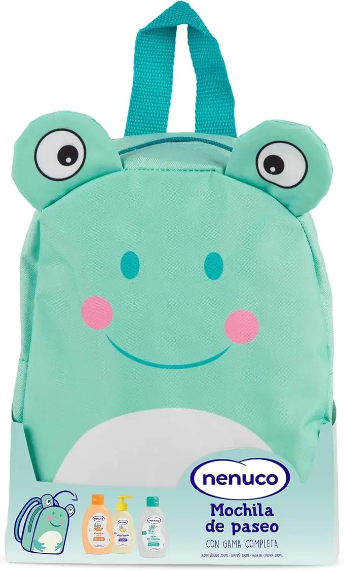 Pack Regalo Bebé Nenuco Mochila de Paseo Rana. Un set de higiene con Colonia, Jabón Líquido y Champú (3x200ml), presentado en una divertida mochila personalizable.