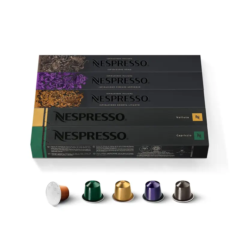 Pack Surtido de 50 Cápsulas Nespresso Original con 5 variedades de café Espresso. Incluye Arpeggio, Roma, Livanto, Capriccio y Volluto para cafeteras Nespresso Original.