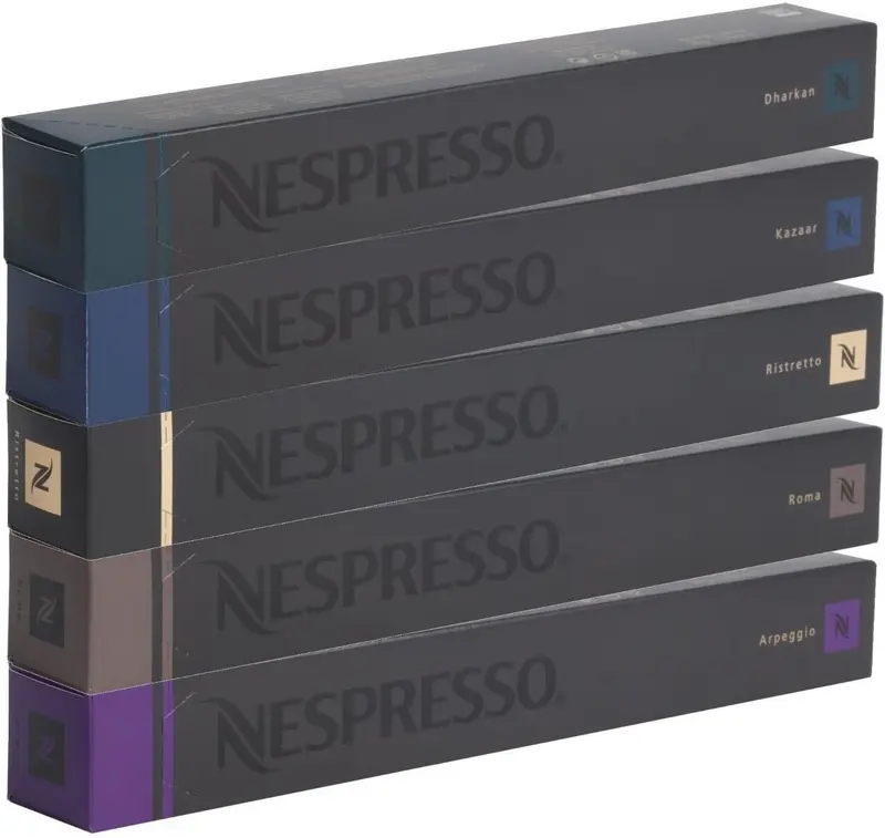 Pack Surtido de 50 Cápsulas Nespresso Originales, una selección de cafés intensos que incluye 10x Roma, 10x Ristretto, 10x Kazaar, 10x Arpeggio y 10x Dharkan.