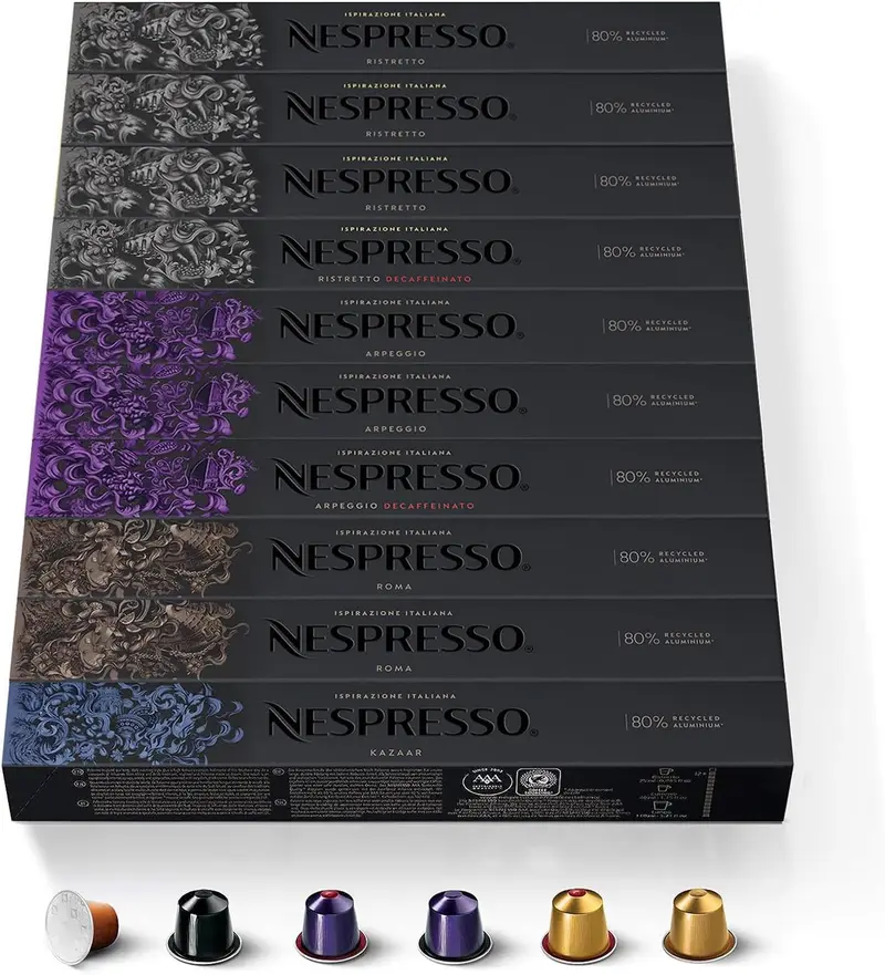 Pack Surtido Intenso Nespresso Original 100 Cápsulas con y sin Cafeína. Incluye Ristretto, Arpeggio, Roma, Kazaar y versiones Descafeinadas.