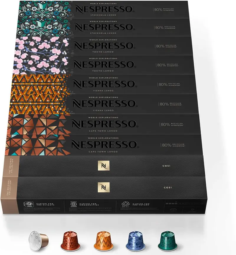 Pack Surtido Nespresso 100 Cápsulas Originales para Espresso y Lungo. Incluye Stockholm, Tokyo, Vienna, Cape Town Lungo y Cosi. Intensidades de 4 a 10.