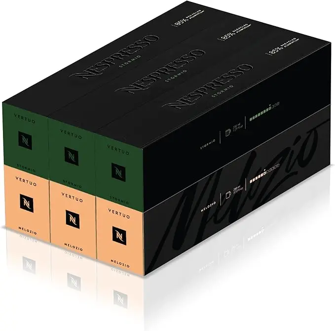 Pack Variado de 60 Cápsulas Nespresso Vertuo con 30 de Melozio (suave, intensidad 6) y 30 de Stormio (intenso, intensidad 8). El equilibrio perfecto para tus tazas grandes (230ml).
