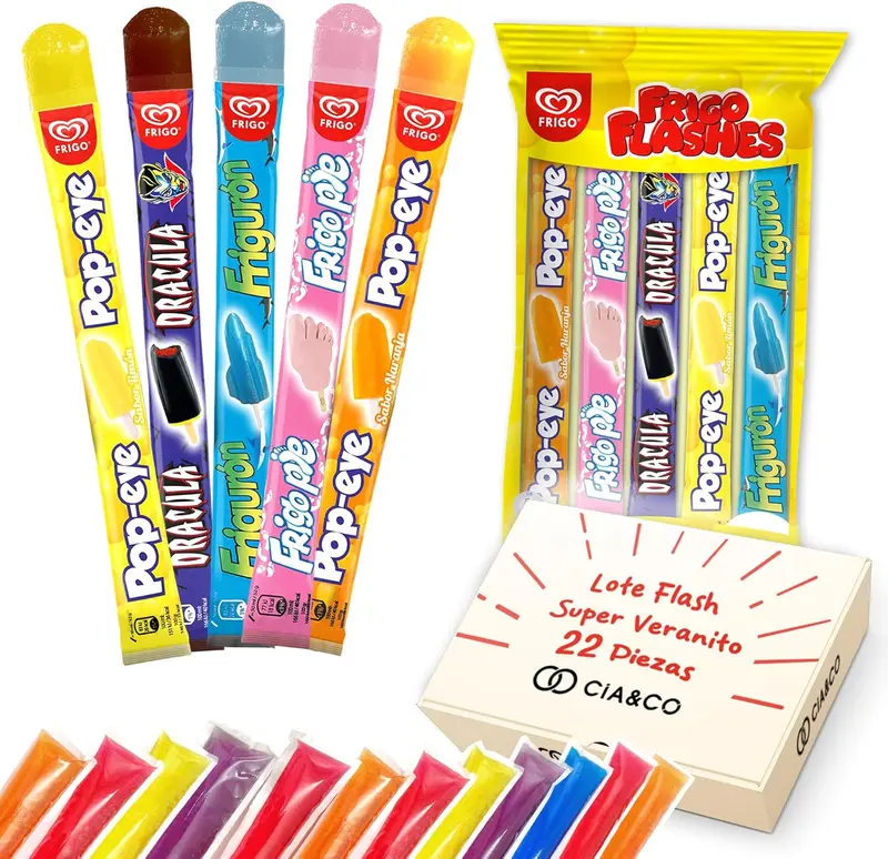 Pack Veraniego Cia&Co con 22 Flashes Surtidos. Incluye 10 polines de marcas Frigo como Popeye, Frigo Pie y Drácula, más 12 flashes Burmar de sabores clásicos.