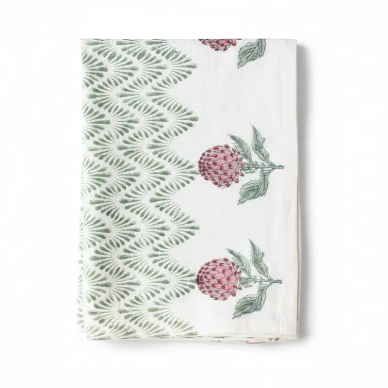 Paño de cocina estampado a mano Olas verde alcachofa