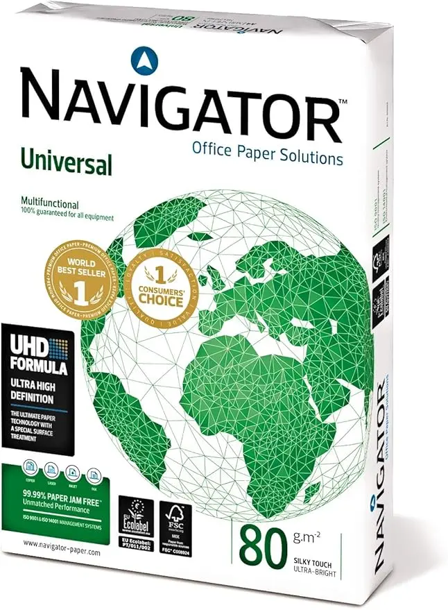 Paquete de 500 Hojas de Papel Multiusos para Impresora Navigator Universal A4 80gr. El papel de alta calidad 99,99% libre de atascos, ideal para el hogar y la oficina.