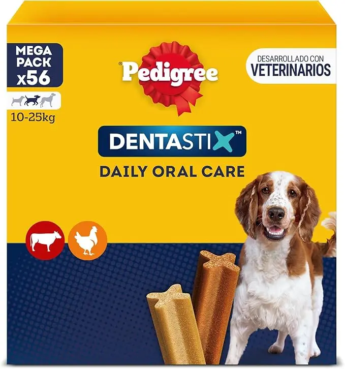 Pedigree Dentastix para Perros Medianos, pack ahorro de 56 sticks. Snack dental de uso diario para una higiene oral completa, reduce el sarro y mantiene el aliento fresco.