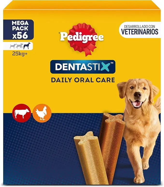 Pedigree Dentastix Snack Dental para Perros Grandes, pack de 56 unidades. Premios para la higiene oral diaria que reducen el sarro, limpian los dientes y refrescan el aliento.