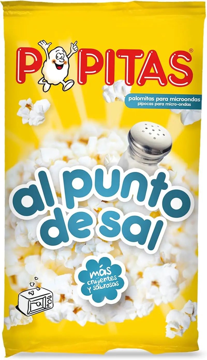Popitas Palomitas Saladas para Microondas, pack de 8 bolsas de 100g. El snack perfecto para tus sesiones de cine en casa, listas en 3 minutos con el punto justo de sal.