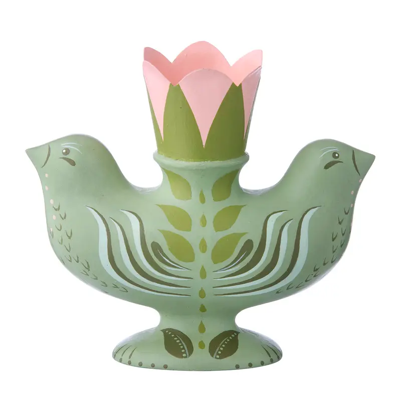 Portavelas decorativo de pájaros en verde – 12 cm