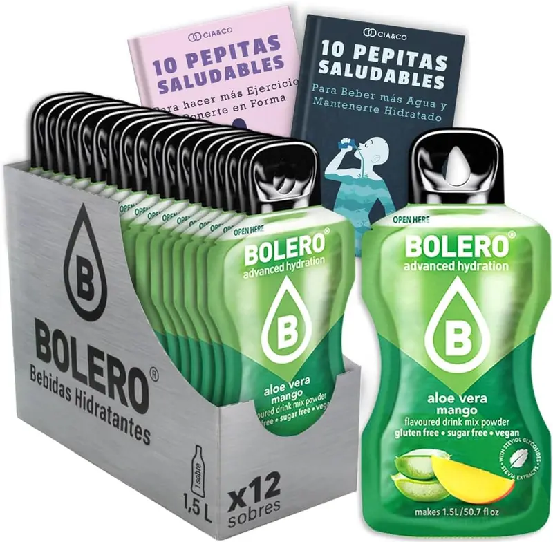 Prueba la deliciosa fusión de Aloe Vera y Mango con este pack de 12 sobres de bebida Bolero sin azúcar. Incluye 20 Pepitas Saludables para inspirar tu cuidado personal.