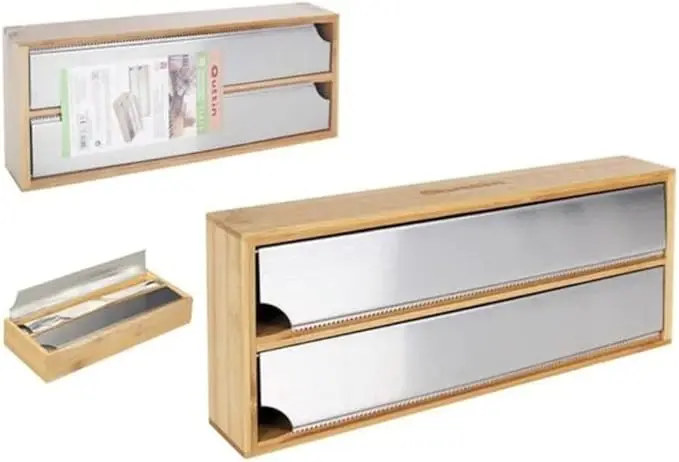 Quttin Dispensador de Bambú para Papel de Aluminio y Film. Organizador de cocina 2 en 1 de 33.5x13x5.5 cm con cortador integrado, ecológico, duradero y de diseño elegante y funcional.