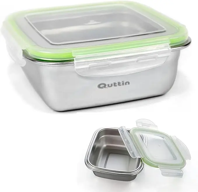 Quttin Fiambrera Cuadrada de Acero Inoxidable, 0.40L (13x13cm). Recipiente hermético con tapa de plástico sin BPA, ideal para conservar y transportar alimentos de forma segura.