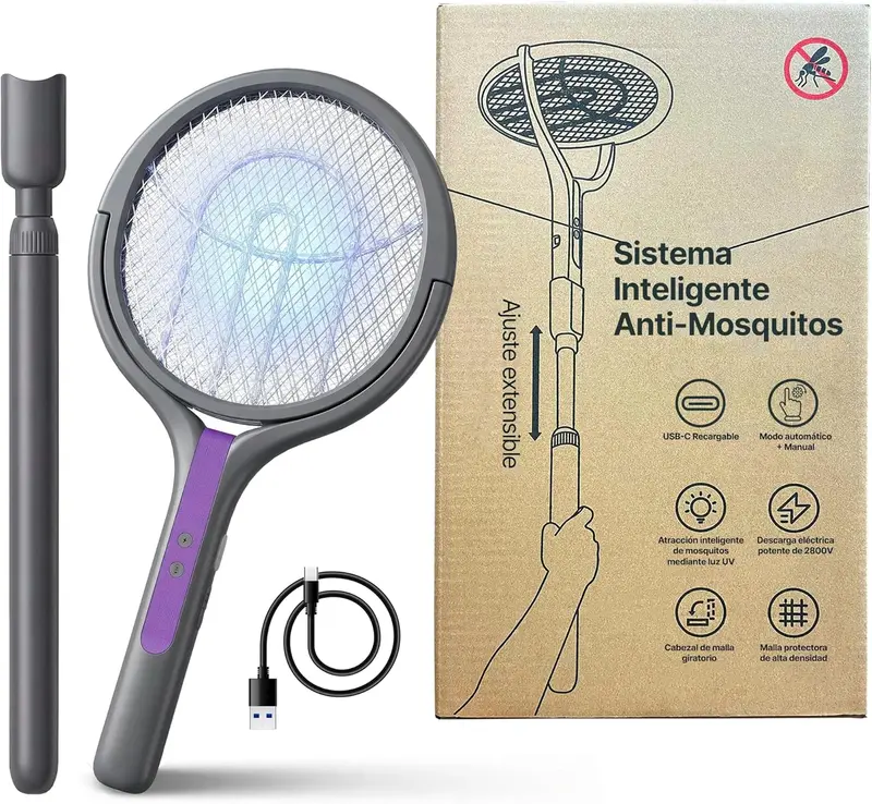 Raqueta Mosquitos Eléctrica PREMIUM con Cabezal Giratorio y Mango Telescópico 34-62 cm | USB-C 2800V con Luz UV y Base