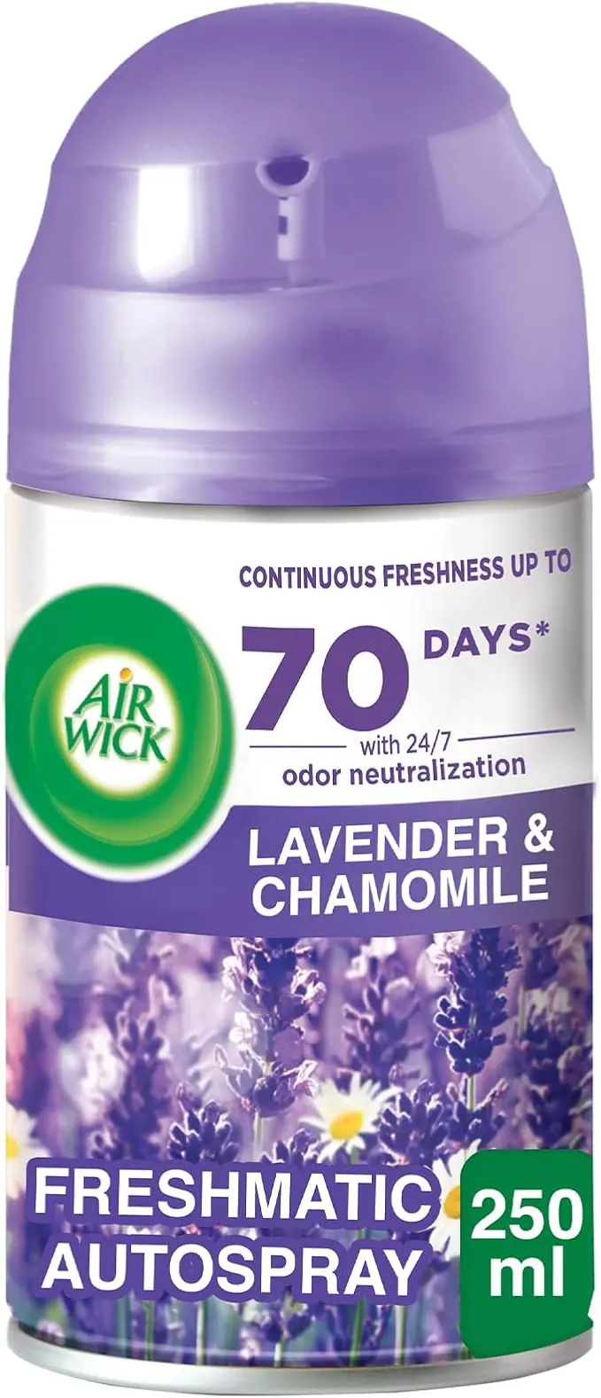 Recambio Air Wick Freshmatic con Aroma a Lavanda, 250 ml. Disfruta de un ambiente tranquilo y natural hasta 60 días con la relajante fusión de lavanda y bergamota.