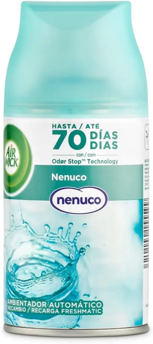 Recambio Air Wick Freshmatic de 250ml con la icónica fragancia a Colonia Nenuco. Un aroma fresco y ligero para un hogar que huele a limpio y a bebé.