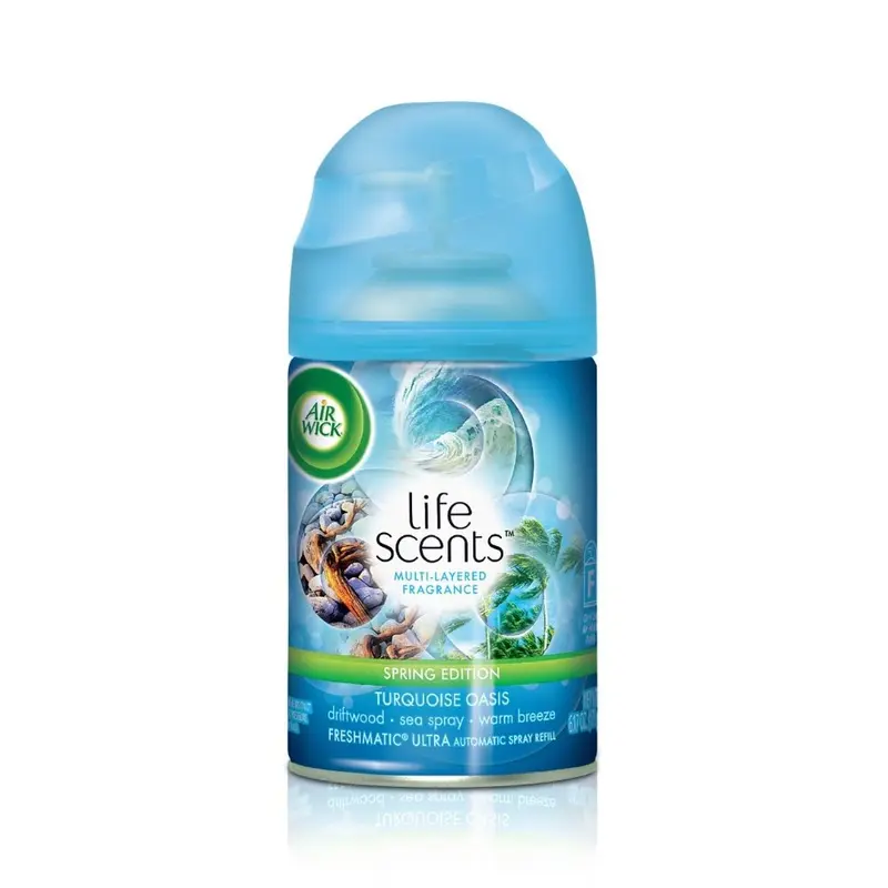 Recambio Air Wick Freshmatic Max con fragancia Life Scents Oasis Turquesa. Un recambio de 250ml con aroma cambiante para un frescor que dura hasta 2 meses.