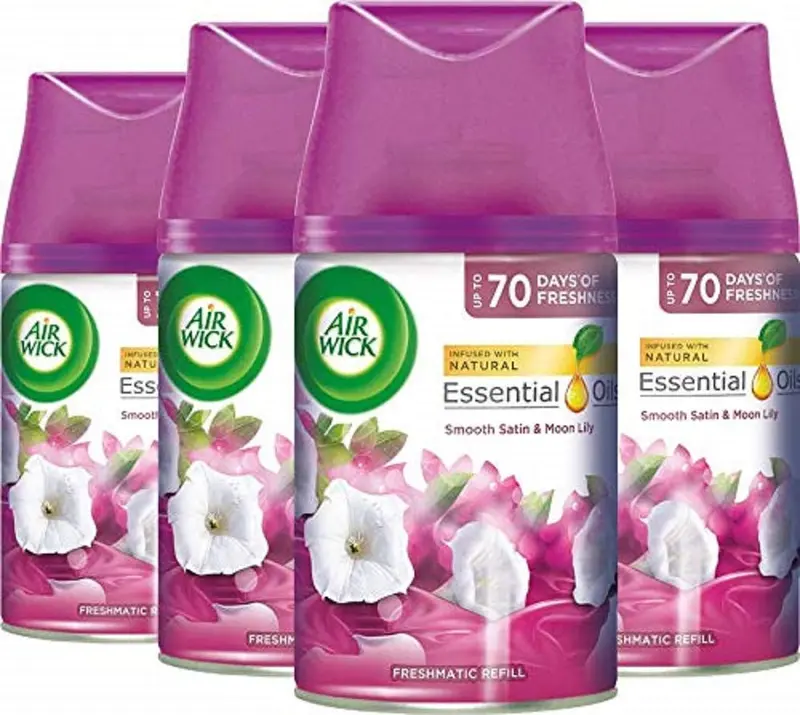 Recambio Air Wick Freshmatic Max de 250ml con fragancia Lirio de Luna y Satén de Seda. Proporciona hasta 60 días de perfume continuo y neutraliza los olores.