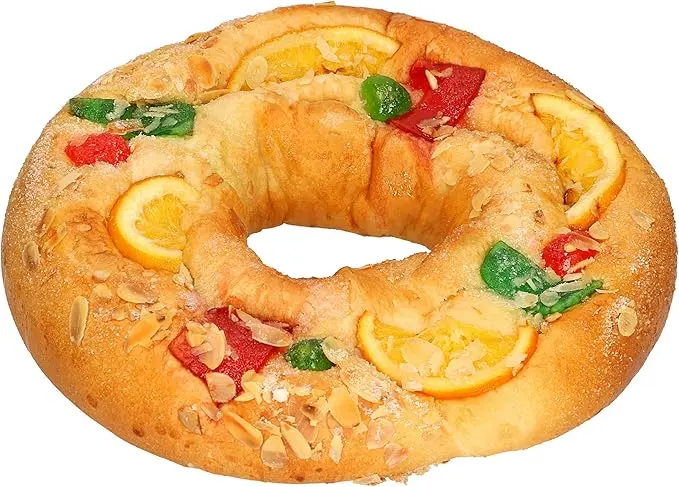 Roscón de Reyes tradicional La Hornada de DIA (600 gr), sin relleno. Esponjoso y decorado con frutas escarchadas y azúcar. Ideal para compartir la magia del Día de Reyes.