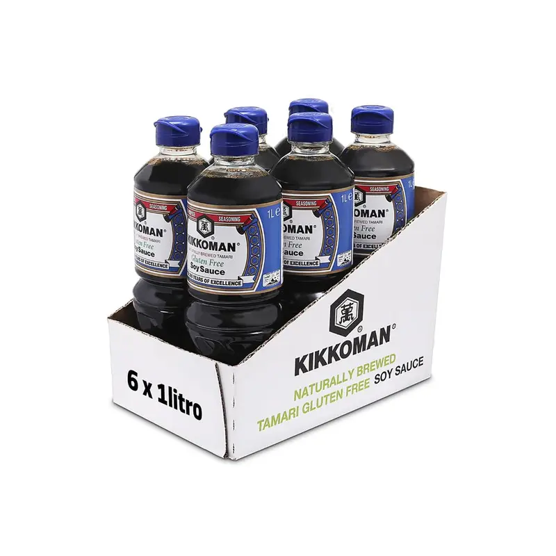 Salsa de Soja Tamari Kikkoman Sin Gluten en formato de 1 Litro. Fermentada naturalmente para un sabor umami intenso. Ideal para celíacos, veganos y cocina halal.