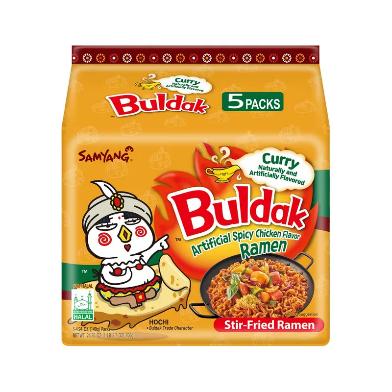 Samyang Buldak Curry Ramen, Pack de 5x140g. La exótica fusión del picante coreano y el curry aromático. Una versión única y deliciosa del famoso ramen de pollo picante para explorar nuevos sabores.