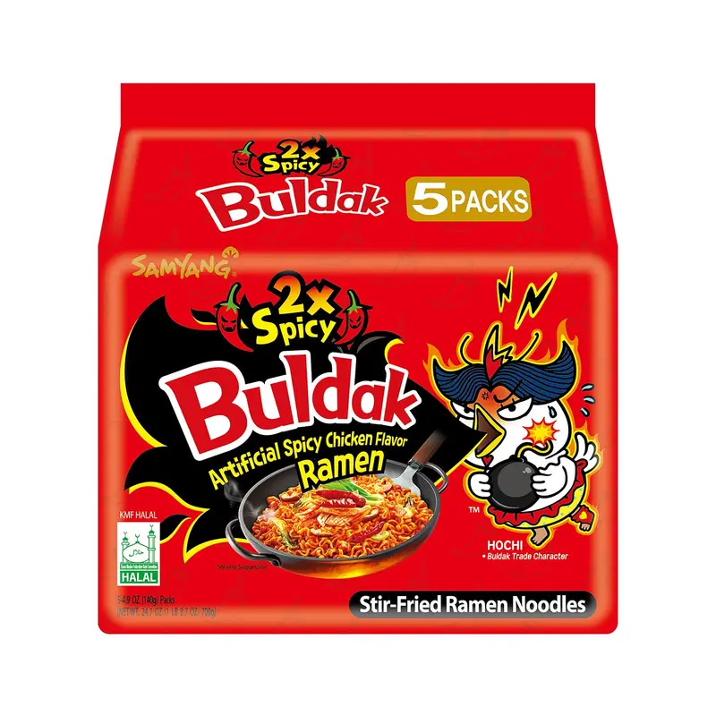 Samyang Buldak Ramen Coreano de Pollo Picante, Pack de 5x140g. El reto de fideos instantáneos más famoso del mundo, con una textura increíble y un sabor a pollo picante inolvidable.