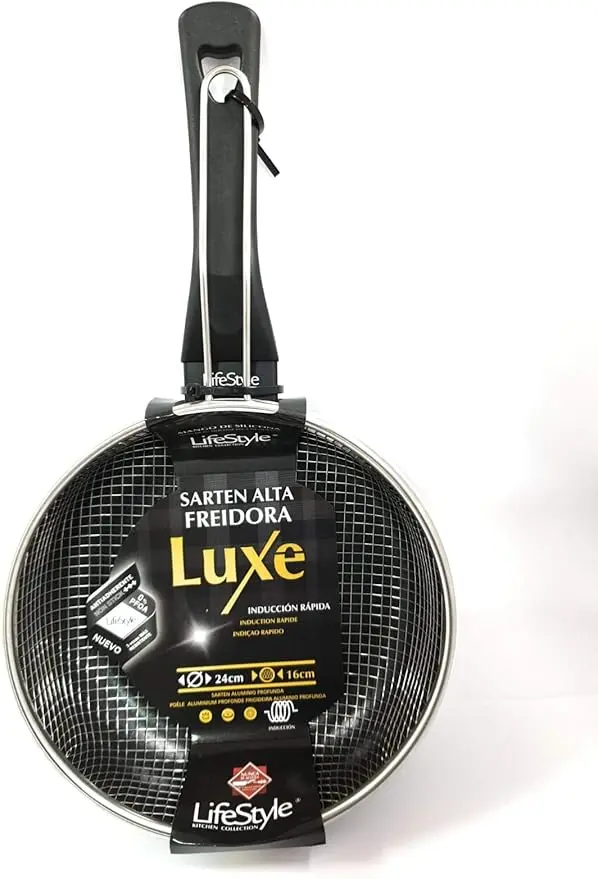 Sartén Freidora Honda con Cestillo Lifestyle de 24 cm. El tamaño familiar perfecto para preparar fritos y rebozados, fabricada en España y apta para todas las cocinas.