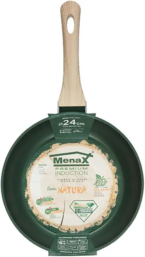 Sartén Menax Natura de 24 cm en Aluminio Forjado. La sartén todoterreno con 5 capas de antiadherente, base Full Inducción y un elegante diseño en Verde Esmeralda.