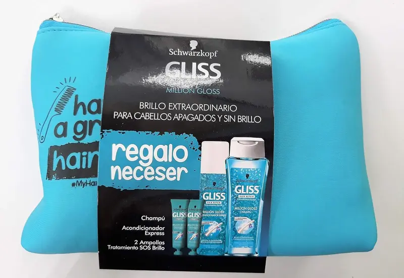 Schwarzkopf Gliss Million Gloss Set de Regalo con Neceser. El ritual de cuidado capilar completo para cabellos apagados, con champú, acondicionador y ampollas SOS para un brillo deslumbrante.