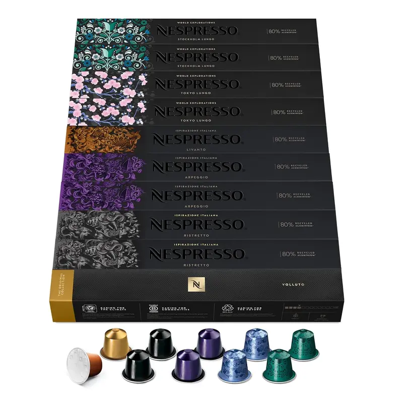 Selección de los Favoritos Nespresso Original, pack de 100 cápsulas. Una colección con los cafés Espresso y Lungo más icónicos