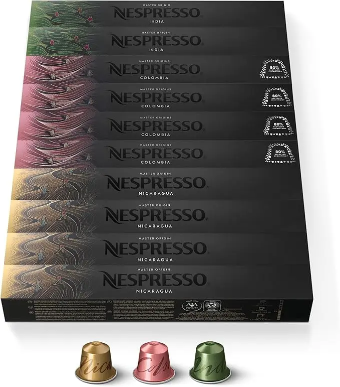 Selección Master Origins Nespresso Original, pack de 100 cápsulas. Descubre la intensidad de India y el equilibrio de Colombia y Nicaragua en esta colección.
