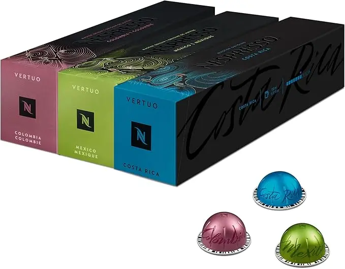 Selección Master Origins Nespresso Vertuo, pack de 30 cápsulas. Descubre los sabores de México, Colombia y Costa Rica en esta colección de cafés de origen.