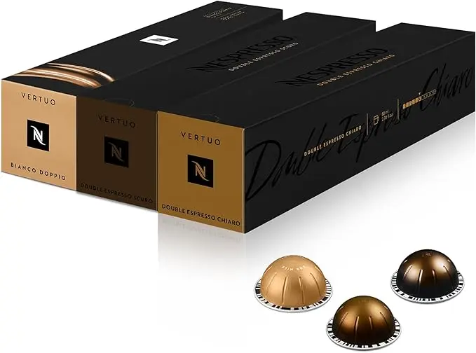 Selección para Leche Nespresso Vertuo, pack de 30 cápsulas. Incluye Bianco Doppio, Scuro y Chiaro, cafés diseñados para crear recetas de barista en casa.