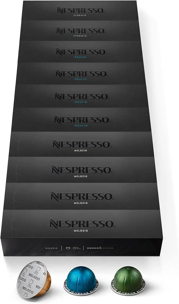 Selección Taza Grande Nespresso Vertuo, pack de 100 cápsulas. Incluye 40 Melozio (Int. 6), 20 Odacio (Int. 7) y 40 Stormio (Int. 8) para tu café de 230ml.
