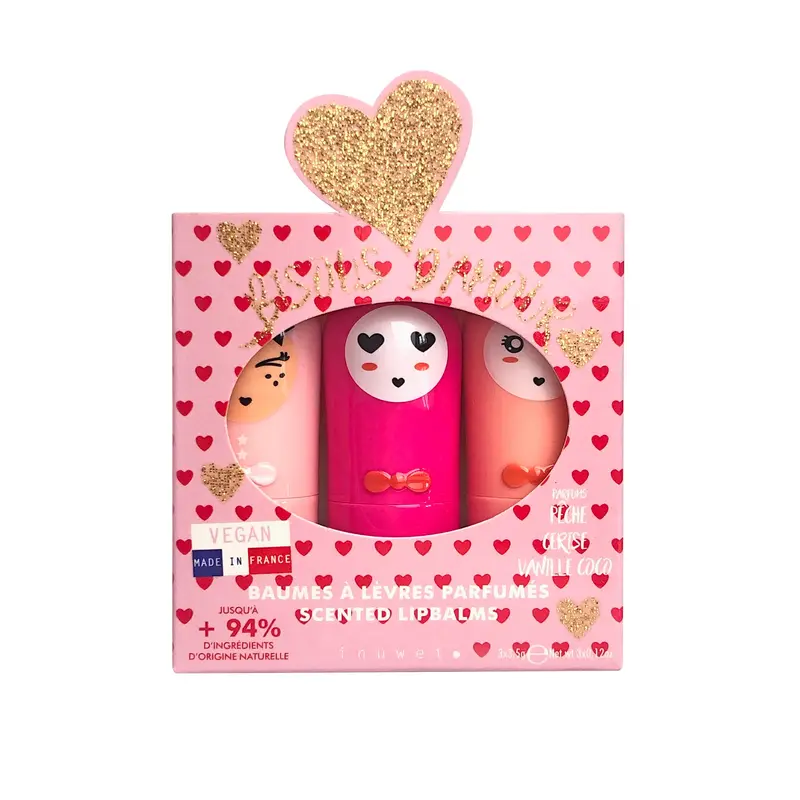 Set de 3 bálsamos labiales - BISOUS (melocotón, cereza, vainilla)